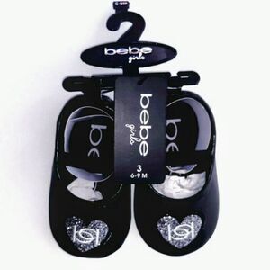 Nwt Bebe Infant Girl Crib Shoe Ballet Flat Black Silver Embroidered Heart Size 3